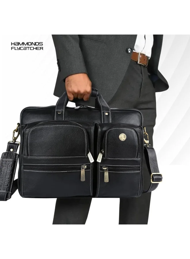 Hammonds Flycatcher  Genuine Leather Office Bag for Men, Premium 15.6 Inch Laptop Bag for Men, Multi Compartments & Adjustable Strap, Ideal for Office, Travel, Daily Use-LB136 BLK  | Best Price UAE